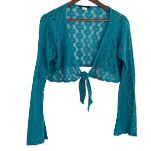 Vtg Y2K Crochet Cropped Cardigan Sweater Shrug 3X Turquoise Bell Sleeve Bohemian